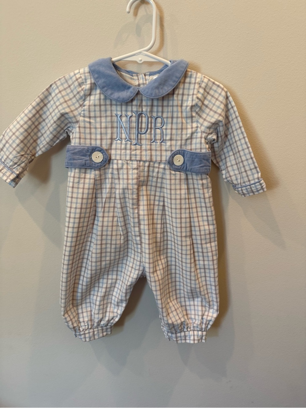 Cecil and Lou Boys 3M Blue Plaid Monogrammed Long Romper